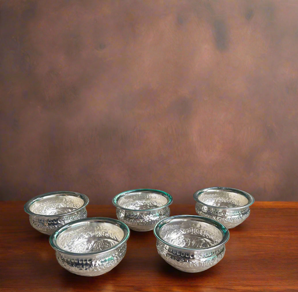 german silver set of 5 bowls for sweets/ snacks/ gift item/ pooja